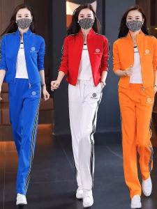 ชุดกีฬาผ้าฝ้ายแขนยาว ชุดวิ่ง 3 ชิ้น แฟชั่นฤดูใบไม้ร่วง ลดอายุ ชุดทำงานสำหรับผู้หญิง ชุดทำงานลำลอง ชุดทำงานฤดูใบไม้ร่วง