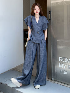 YINLUOYA | Vintage Inspired Womens Denim Vest Set High Waist Wide Leg Pants Two Piece Summer Outfit Short Sleeve V Neck Long Pants