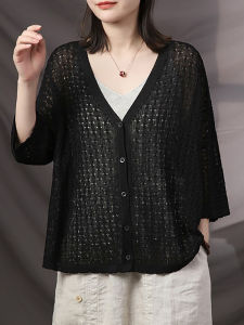 Plus Size Hollow-out Knitted Sun-Proof Cardigan Womens Thin Baggy Coat Summer Pure Color Lazy and Simple Air Conditioning Shirt Tops