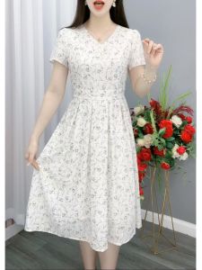 MAIMEI | High-End Floral Print Short Sleeve Dress Womens Brand White Summer Skirt Korean Style High Waist A-Line Midi Dress