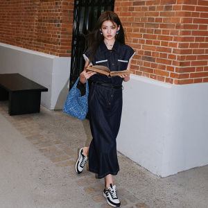 MIUCO | Đầm Denim Vintage Có Ren Dây Lưng Thon