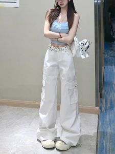 กางเกงทำงานขาบานสีขาวทรงหลวมสำหรับผู้หญิง กางเกงขายาวทรงตรงเอวสูง ผ้าเดนิม ทรงหลวม สไตล์อเมริกัน ทรงสลิมฟิต