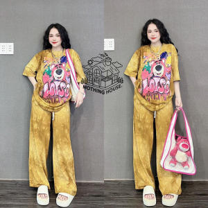 T-shirt+pants Casual two-piece set tie dye set Womens summer loose cartoon print short sleeve wide leg pants