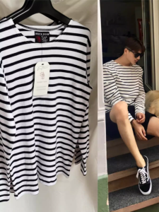 เสื้อยืดคอกลมแขนยาวลายทางสีดำขาวสำหรับทั้งชายและหญิง ผ้าฝ้ายแท้ คอกลม ไซส์ใหญ่ เสื้อเชิ้ตพื้นฐานสำหรับใส่ในชีวิตประจำวัน