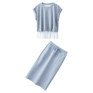 Gray Leisure Commuting Lace Stitched Waist-accentuated Womens Set