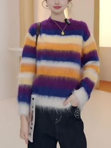 High-End Rainbow Gradient Striped Knitwear Womens Fashion Design Sensation Autumn Winter Cashmere Long Sleeve round Neck Top