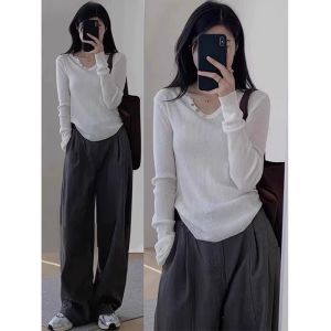 Design Sensation Womens Long Sleeve Knitted Sweater Slim Fit Base Layer T-Shirt Top White Color Commute Style Korean Version