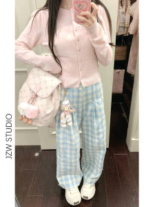 กางเกงขายาวทรงหลวมเอวสูงลายสก็อตสีน้ำเงิน กางเกงขายาวทรงตรงสำหรับผู้หญิง กางเกงขายาวทรงหลวมฤดูใบไม้ร่วง/ฤดูหนาว กางเกงขายาวทรงหลวมสำหรับผู้หญิง