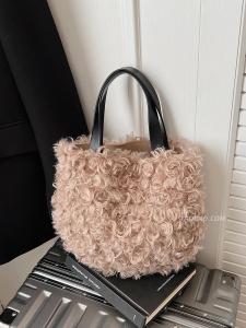 Lamb Fur Plush Bucket Handbag Womens Commuter Versatile Handbag Soft PU Leather Pure Color Trendy Autumn Winter Small Size