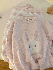 Áo Ngủ Len Dệt Kim Dày Ấm Áp in Hình Thỏ Dễ Thương Áo Ngủ Mặc Nhà Cho Nữ Mùa Đông 2025 Bộ Đồ Ngủ Dài Tay Cổ Tròn