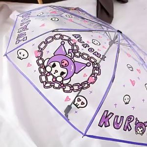 (SG Seller) Sanrio Transparent Umbrella Cartoon Fully Automatic Umbrella Cute Kuromi Hello Kitty Pachacco My Melody Children Umbrella Three Folding Foldable Umbrella-YJ18