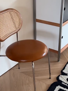 Elegant Rattan-Style Dining Chair with Leather Upholstery and Metal Frame