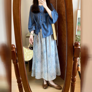 DANTING | New Chinese Style Blue Summer Loose Feel Petite Womens Blouse and Skirt Set