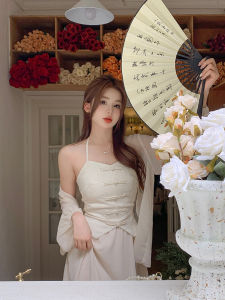 Plus Size Plus Size Ladies Gentle Zen New Chinese Style Cardigan Halter Spaghetti Straps Skirt Female Spring Summer Slimming Three-Piece Suit