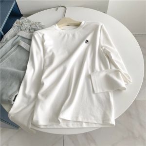 เสื้อยืดคอกลมแขนยาวผ้าขนแกะสองหน้าปักลายชีวิตประจำวันสไตล์เกาหลีสำหรับผู้หญิงในฤดูใบไม้ร่วงและฤดูหนาว