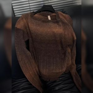 YUFUQING | French Elegant Coffee Round Neck Long Sleeve Knitted Sweater Women Early Autumn New Lazy Style Casual Versatile Hollow Top