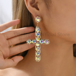 Europe America Popular Colorful Glass Cross Big Dangle Earrings For Women Party Exaggerated Jewelry Luxury Statement Ear Pendant