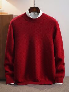 Unique Quality Mens Thickened Hooded round Neck Cashmere Sweater Pure Color Red for Lucky Year Winter New Style Fashion Urban Home Long Sleeve