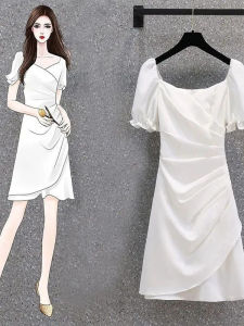 ชุดเดรสยาวเอวสูงสไตล์ฝรั่งเศส ทรงเอ แขนสั้น คอวี แขนสั้น ชุดเดรสสีขาว ชุดเดรสสำหรับงานวันเกิด ชุดเดรสฤดูร้อนสำหรับผู้หญิง