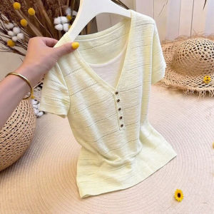 CHOEFULYN | Elegant Slimming Color Block T-Shirt Women Summer