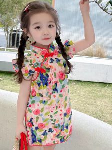 Princess Style Cheongsam Dress Summer Clothes for Girls Baby One Year Old Ceremony Clothes Cotton Material Floral Pattern