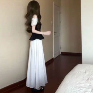 CHANGTONG | Unique Shoulder Baring Two Piece Set Half Skirt Korean Style Summer Collection Non Repeating Pattern Cotton V Neck Ensemble