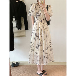 ชุดเดรสยาวผ้าชีฟองแขนพองพิมพ์ลายสไตล์ฝรั่งเศสเอวสูง ทรงเข้ารูป แขนพอง ชุดเดรสยาวผ้าชีฟองสไตล์วินเทจสำหรับฤดูร้อนปี 2025