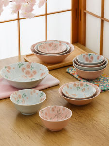 Cherry Blossom Bowl Ceramic Bowl Underglaze Rice Bowl Japanese Import Bowl Household Soup Bowl Household Tableware Japanese-Style Set
