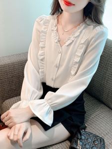 เสื้อเชิ้ตผ้าชีฟองคอวีแขนยาวสีขาวสำหรับผู้หญิง ทรงหลวม สไตล์หวาน เส้นใยโพลีเอสเตอร์ ฤดูใบไม้ร่วง 2023