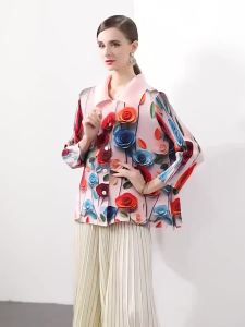 2025 Spring and Autumn New Miyake Womens Oversized Large Fold Cardigan Loose and Slim Versatile Rose Printed Collar Single breasted Coat Style Shirt for Women
