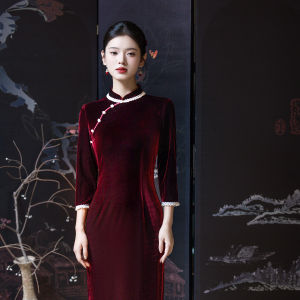 Wine Red Velvet Qipao Inspired Evening Gown