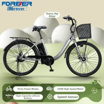 Forever | Lithium Assisted E-Bike for Women Lightweight Retro British Style Electric Bicycle Urban Commuting City Bike with Basket and Rear Rack