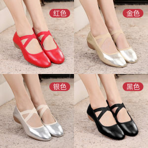 รองเท้าเต้นรำส้นเตี้ยหนังแท้สำหรับผู้หญิงรองเท้าเต้นรำทรงสี่เหลี่ยมพื้นรองเท้านุ่มรองเท้าหนังวัวสำหรับผู้ใหญ่พื้นส้นแบนการเต้นรำทางสังคมรองเท้าเต้นรำ