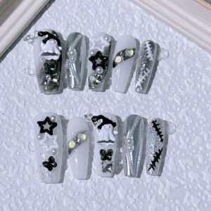 Handmade Halloween Long Wearable Fake Nails Silver Mirror Ghost Design Detachable Cute Funny White Enhancing Nail Stickers