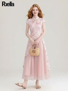 puella | Đầm Qipao Lụa Sáng Chói Phong Cách Trung Quốc Mới Màu Hồng Đổi Màu Theo Nhiệt Độ Dây Nơ eo