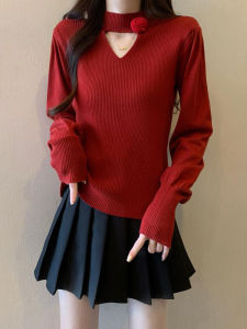 เสื้อสเวตเตอร์คอวีสีแดงถักแบบสวมหัวสำหรับผู้หญิงไซส์ใหญ่ เสื้อชั้นในสีพื้น เสื้อชั้นในสไตล์เกาหลี แขนยาว ปกติ