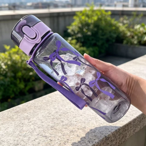 560ML Solid Color/Clear Straight Sip Water Bottle with Bow Pattern Minimalist Large Capacity Leakproof Reusable Cup for Drinks