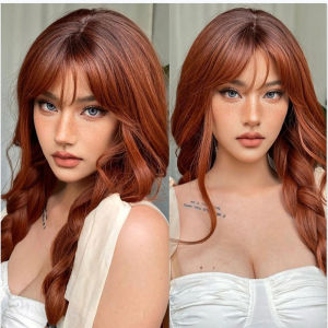 Henry margu วิกผมสังเคราะห์ออเบิร์นหน้าม้าวิกผมผมหยิกยาว Ombre สำหรับใช้ในชีวิตประจำวันผมธรรมชาติทนความร้อน