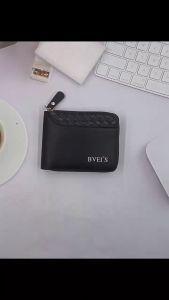 MenS Sleek Compact Wallet Horizontal Zippered Bifold With Woven Pattern Detail Pu Leather
