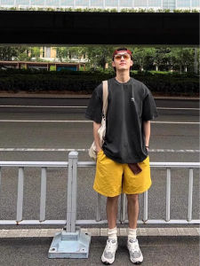 American Style Quick Dry Yellow Shorts Men Summer Sports Running Training Nylon Ice Silk Five-Part Loose Basketball Mid-Pants