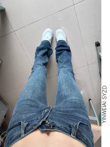 กางเกงยีนส์ทรงขาบานเอวต่ำสำหรับผู้หญิงไซส์ใหญ่ กางเกงยีนส์ทรงหลวมขาบานสีน้ำเงินเข้ม ทรงสลิมฟิต กางเกงขายาวทรงขากระต่าย