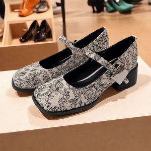 2025 Spring New Mary Jane Shoes Womens French Thick Heel Medium Heel Strap Satin Light National Style Retro Low Cut Single Shoes