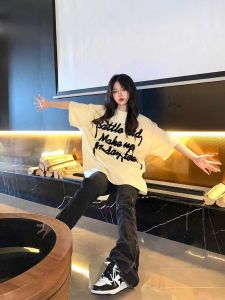 American Stylish Letters Heart Printing Plus Size Short-Sleeved T-shirt Men and Women Plus Size Ladies Loose Slim Looking Couple Wear Tops