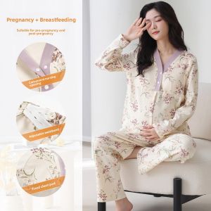 Miiow | Maternity Sleepwear Set With Chest Pad Postpartum Recovery Ladies Home Clothes V-neck Long Sleeve Cotton Comfortable Fall Season