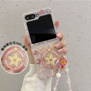Korean Style Cartoon Girl Phone Case for Samsung Galaxy Z Flip7 Z Flip5 Z Flip6 Z Flip3/4 with Rotatable Stand And Bracelet
