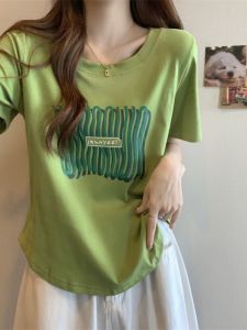 Mint Mambo Style Green Sweet Spicy Short-Sleeved T-shirt Female Summer Plus Size Plus Size Ladies Slim Looking Chic Shoulder Irregular Top