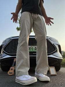 กางเกงขายาวผ้าไหมน้ำแข็งแห้งเร็วสำหรับฤดูร้อนสำหรับผู้ชายและผู้หญิง กางเกงขายาวทรงตรงขาบานเล็ก สไตล์ฮิปฮอปสตรีท สไตล์อเมริกัน