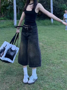 American Style High Waist Wide Leg Seven-Foot Blue Jeans Washed Loose Shorts Pants Niche Clothing Summer Fashion Ladies Jeans