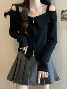 Plus Size Womens Double Zipper off-Shoulder Knitting Long Sleeves Bottoming Shirt Womens Autumn Chubby Girl Slimming Slim Fit off-Shoulder Tops