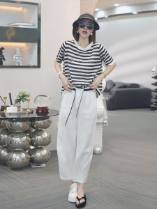 Shalldoer | Fashionable Casual Womens Round Neck Striped Short Sleeve T-Shirt Loose Wide Leg Pants Two-Piece Set Summer 2025 New Arrival